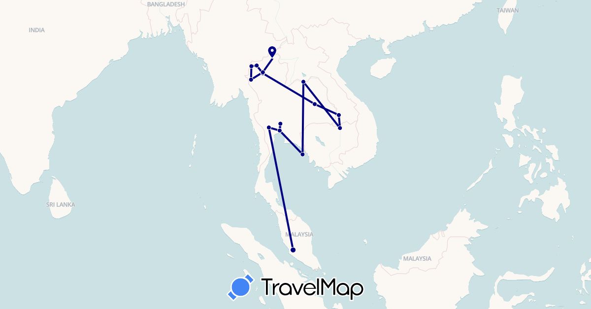 TravelMap itinerary: driving in Laos, Malaysia, Thailand (Asia)